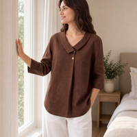 Portofino Linen Asymmetric Collar Top in Espresso Brown