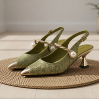 Pylos Orthopedic Pearl Brocade Kitten Heels in Green
