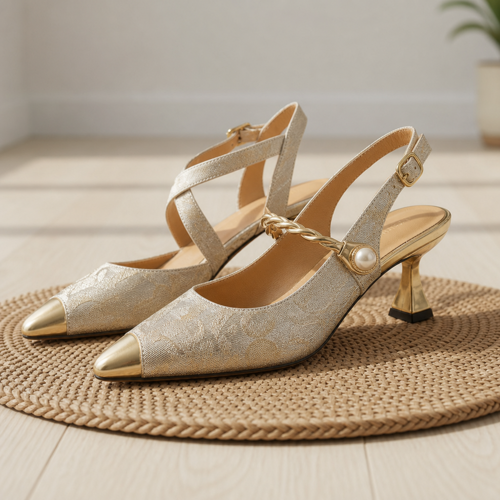 Pylos Orthopedic Pearl Brocade Kitten Heels in Cream