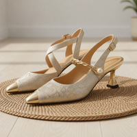 Pylos Orthopedic Pearl Brocade Kitten Heels in Cream