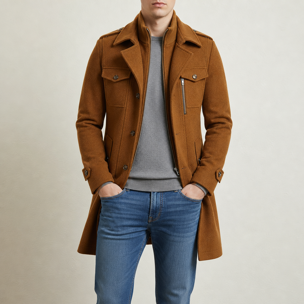 Rab Wool Utility Overcoat in Cognac Brown