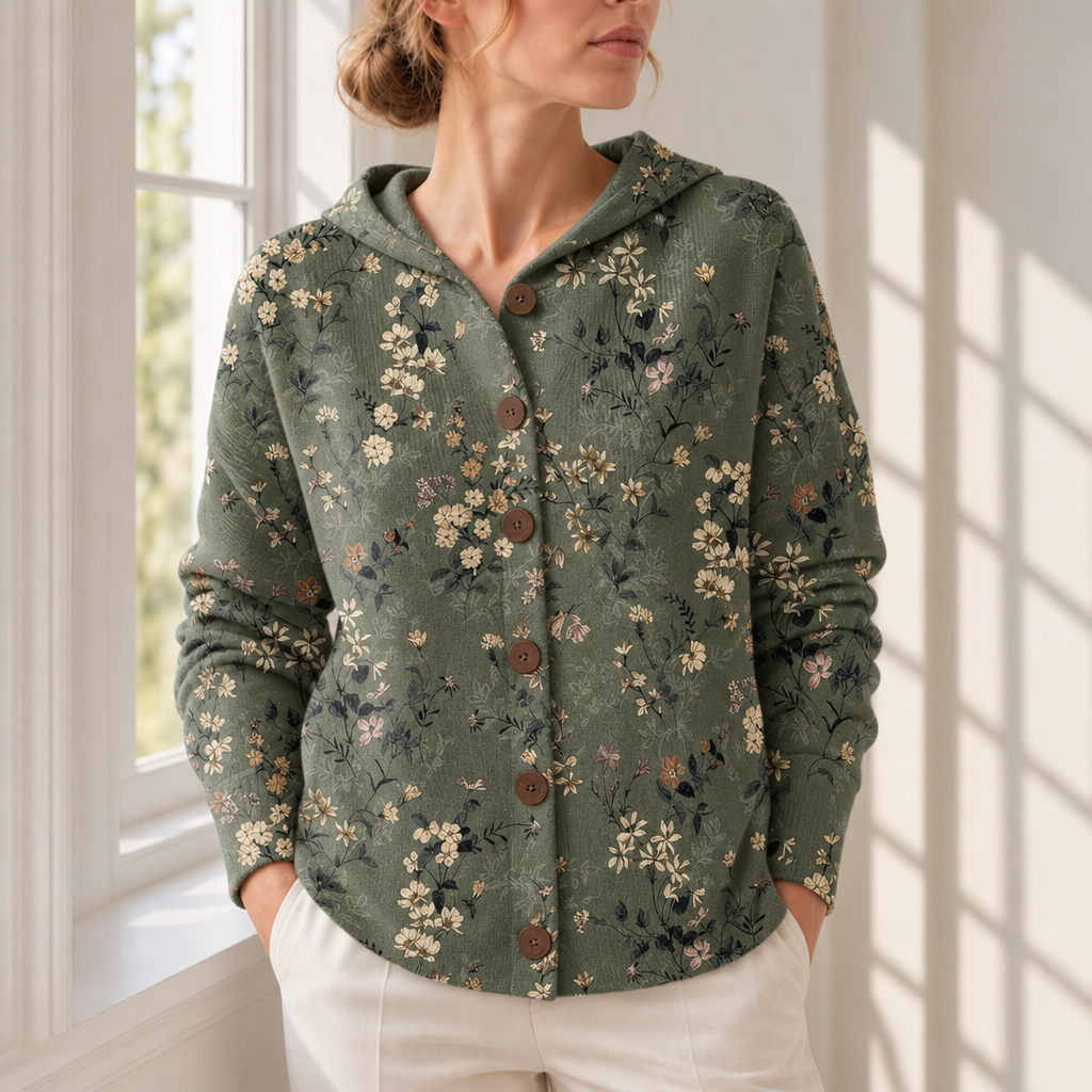 Rabat Abstract Print Hooded Cardigan in Dark Green