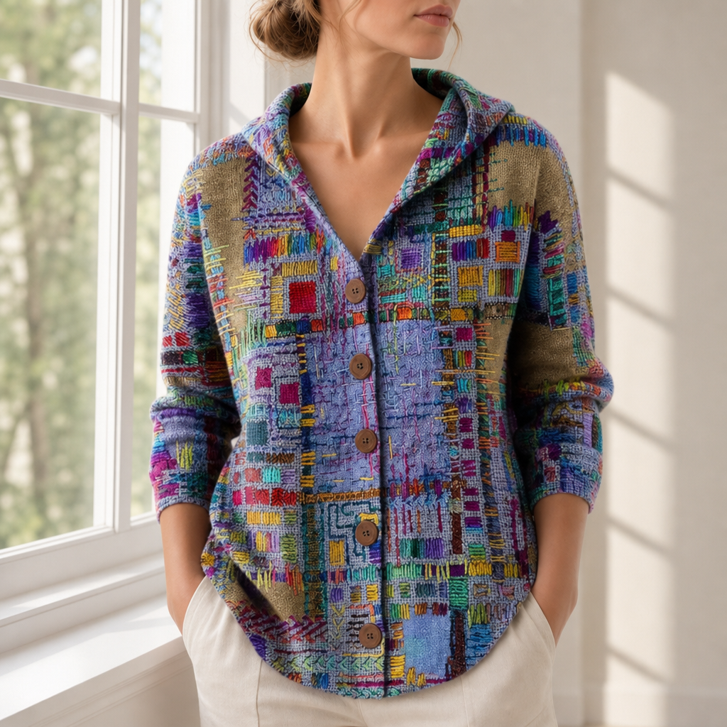 Rabat Abstract Print Hooded Cardigan in Purple