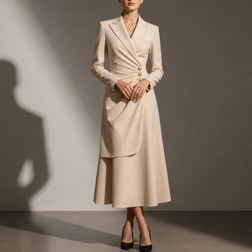 Ravello Ruched Blazer Midi Dress in Beige