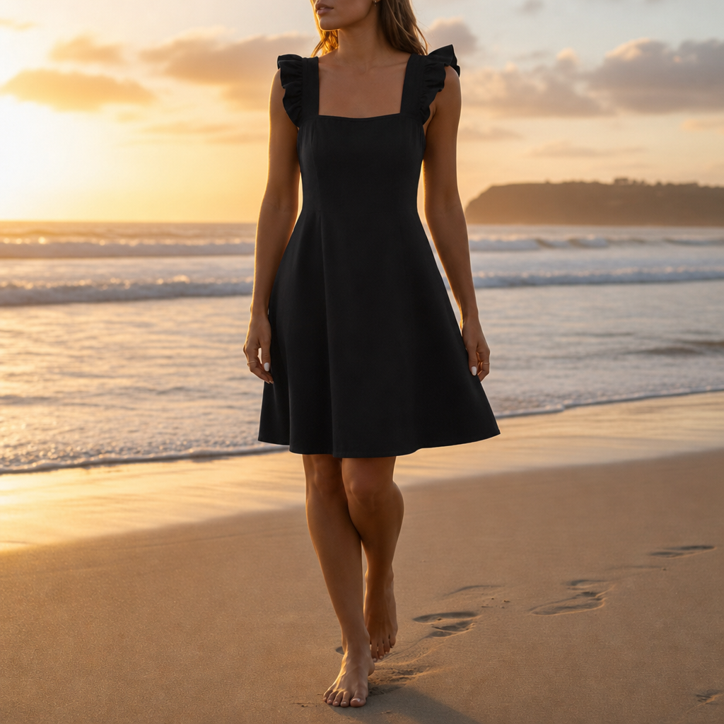 Rethymno Flutter Sleeve Mini Dress in Black