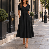 Rimini Wrap V-Neck Midi Dress in Black