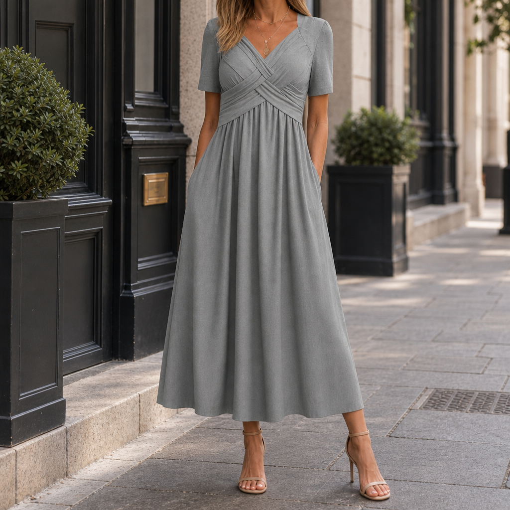 Rimini Wrap V-Neck Midi Dress in Gray