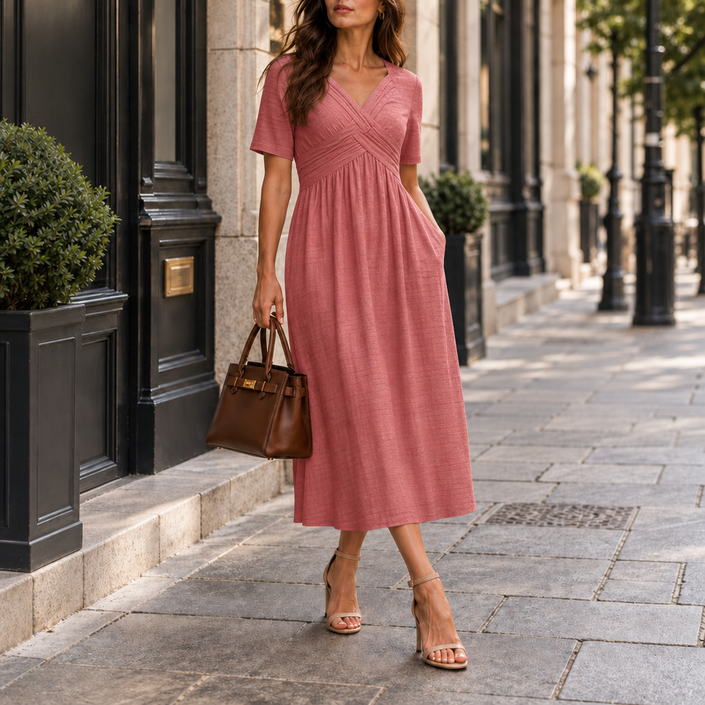 Rimini Wrap V-Neck Midi Dress in Pink