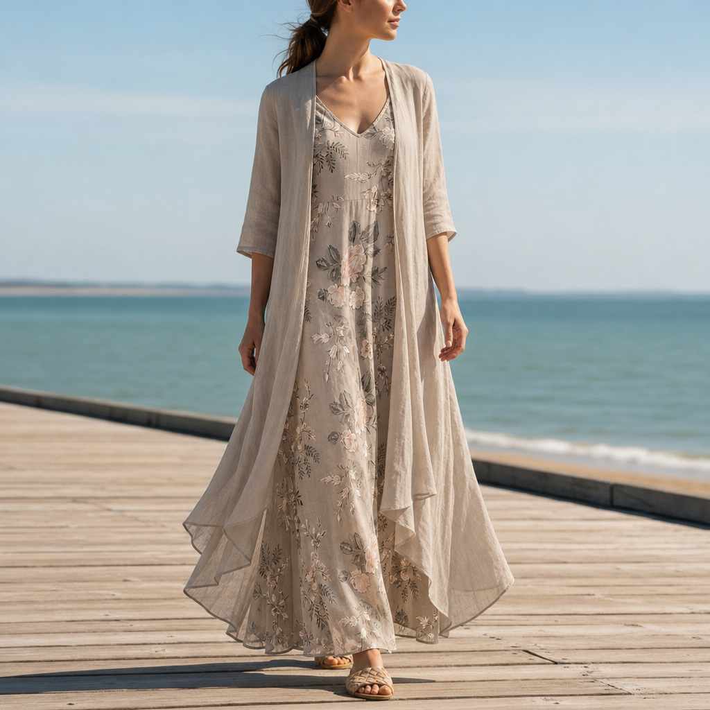 Roussillon Floral Maxi Dress Set in Beige