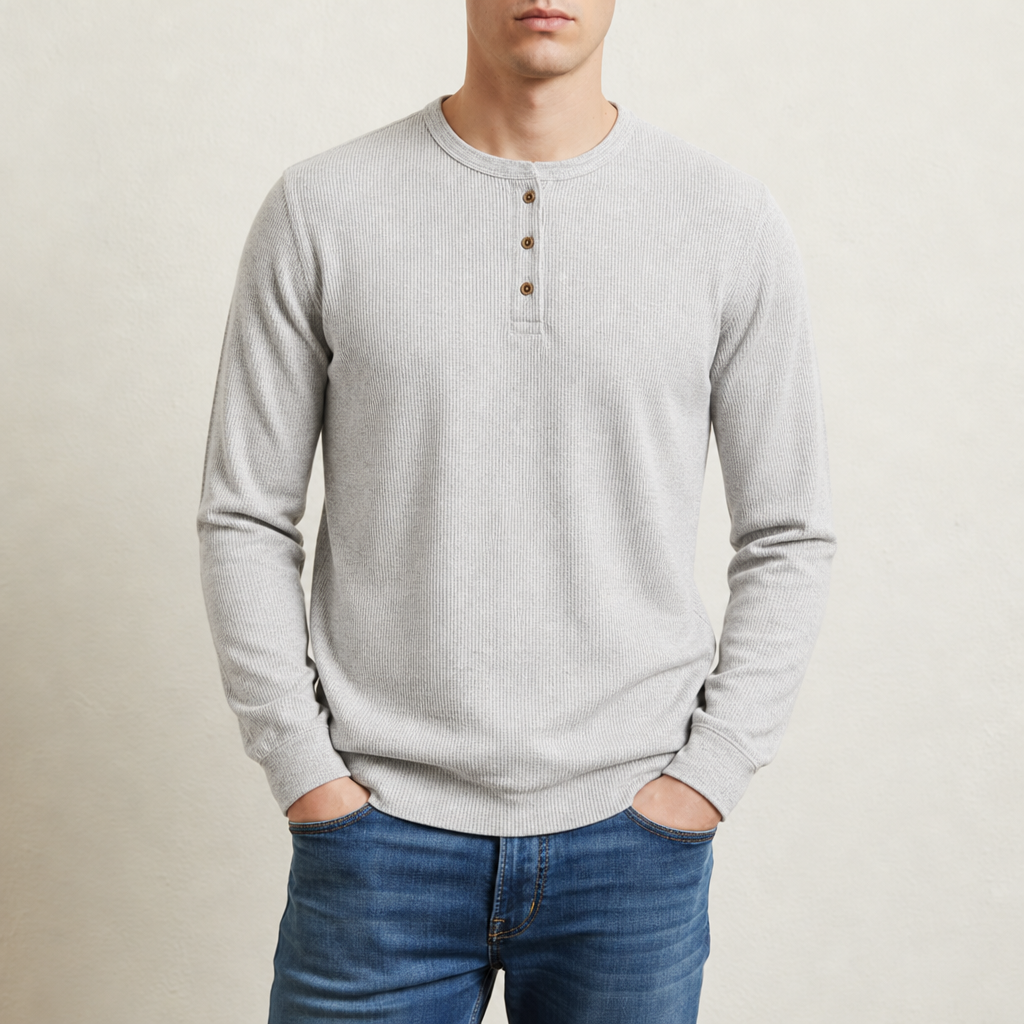 Sagres Waffle Knit Henley in Light Gray