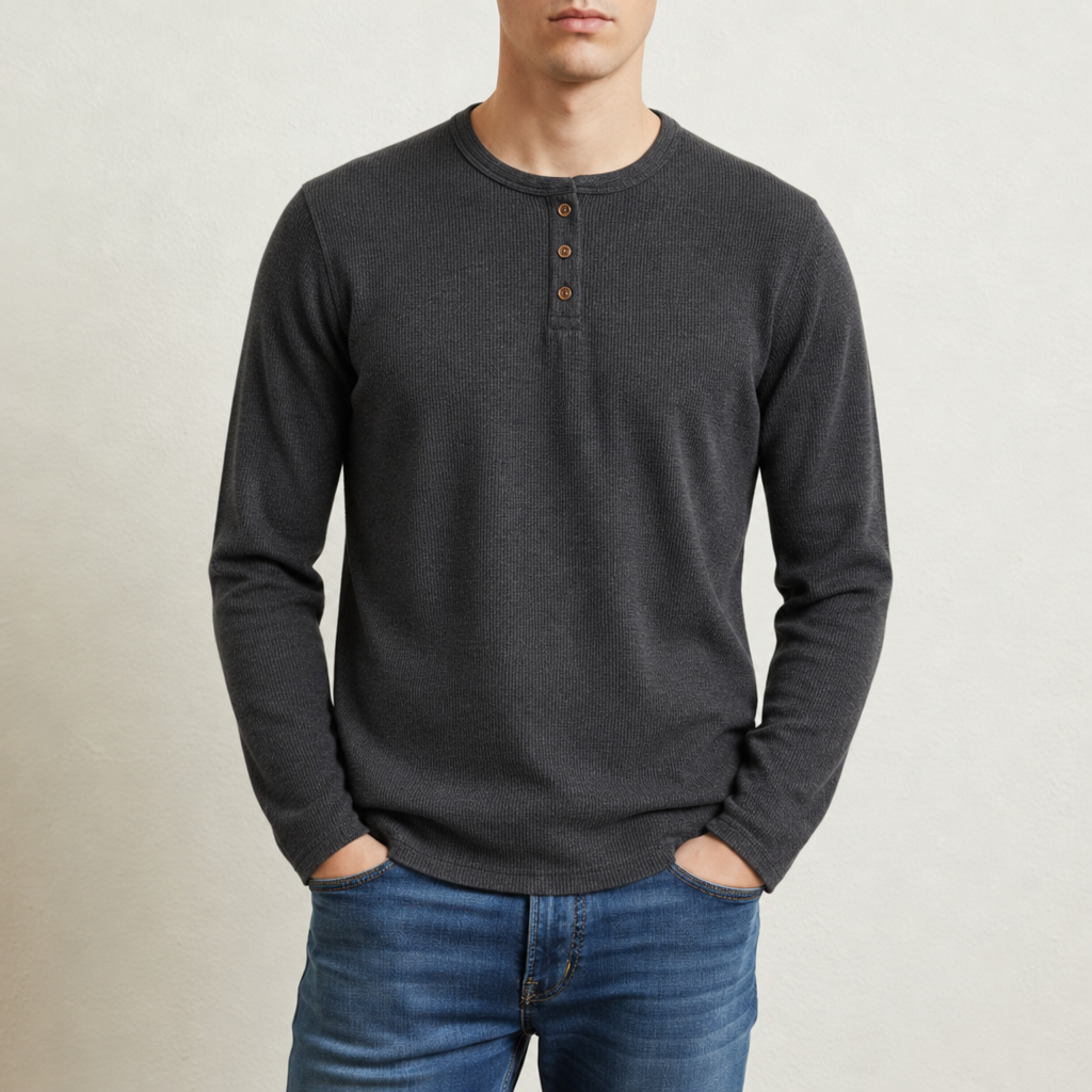 Sagres Waffle Knit Henley in Dark Gray