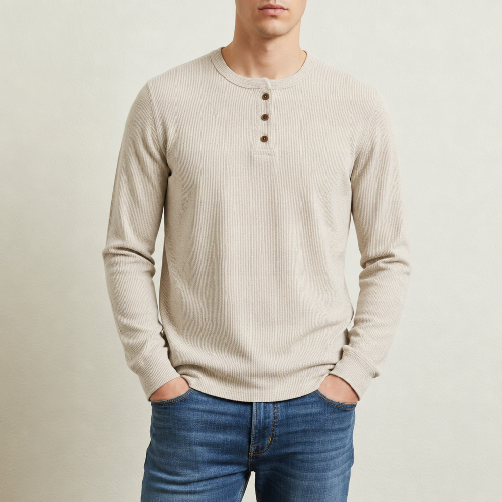 Sagres Waffle Knit Henley in Cream