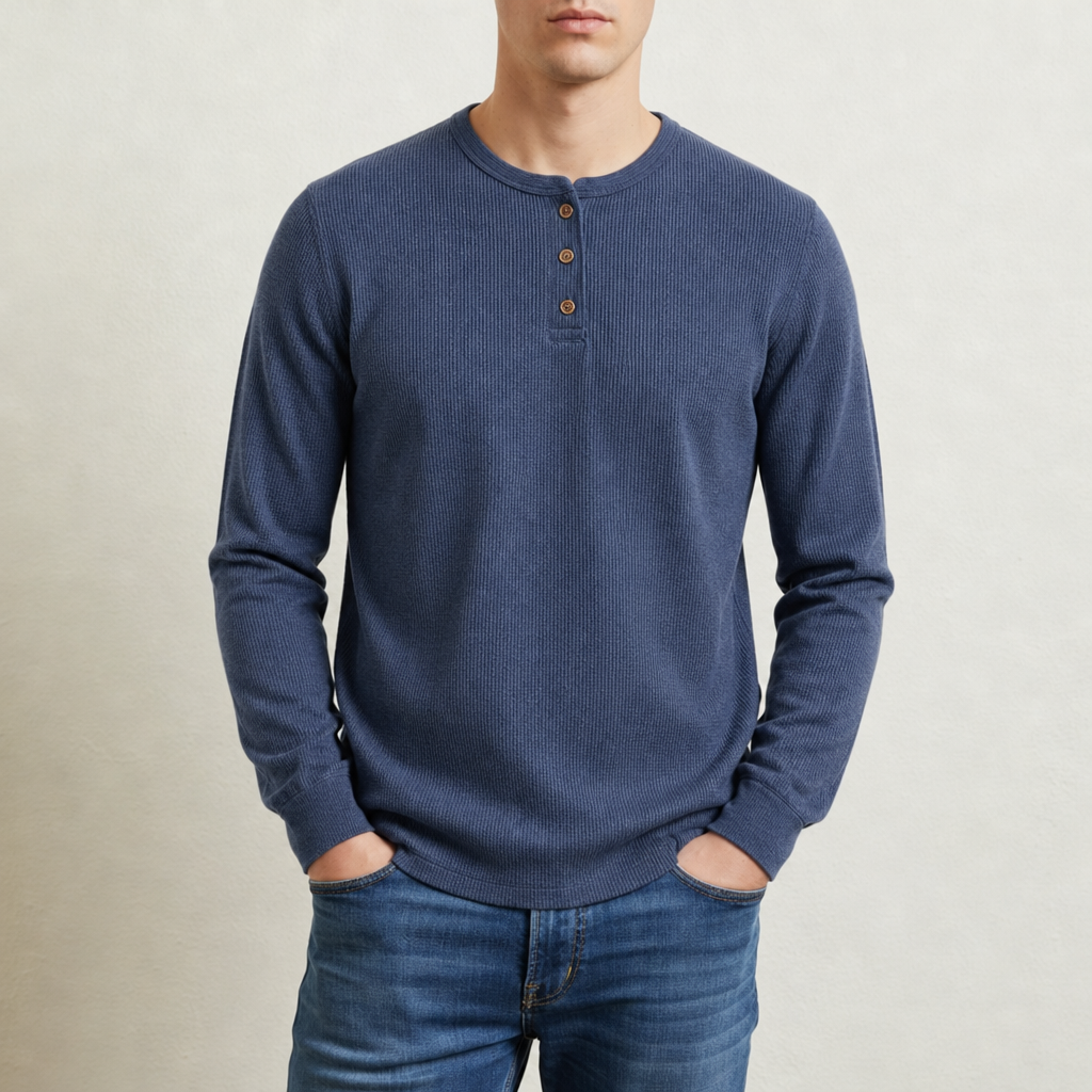 Sagres Waffle Knit Henley in Navy Blue