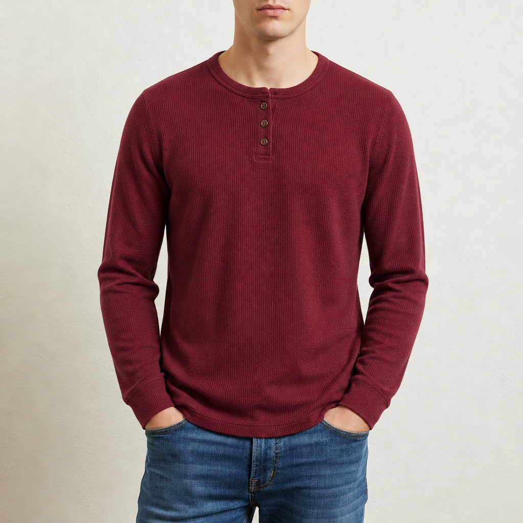 Sagres Waffle Knit Henley in Wine Red