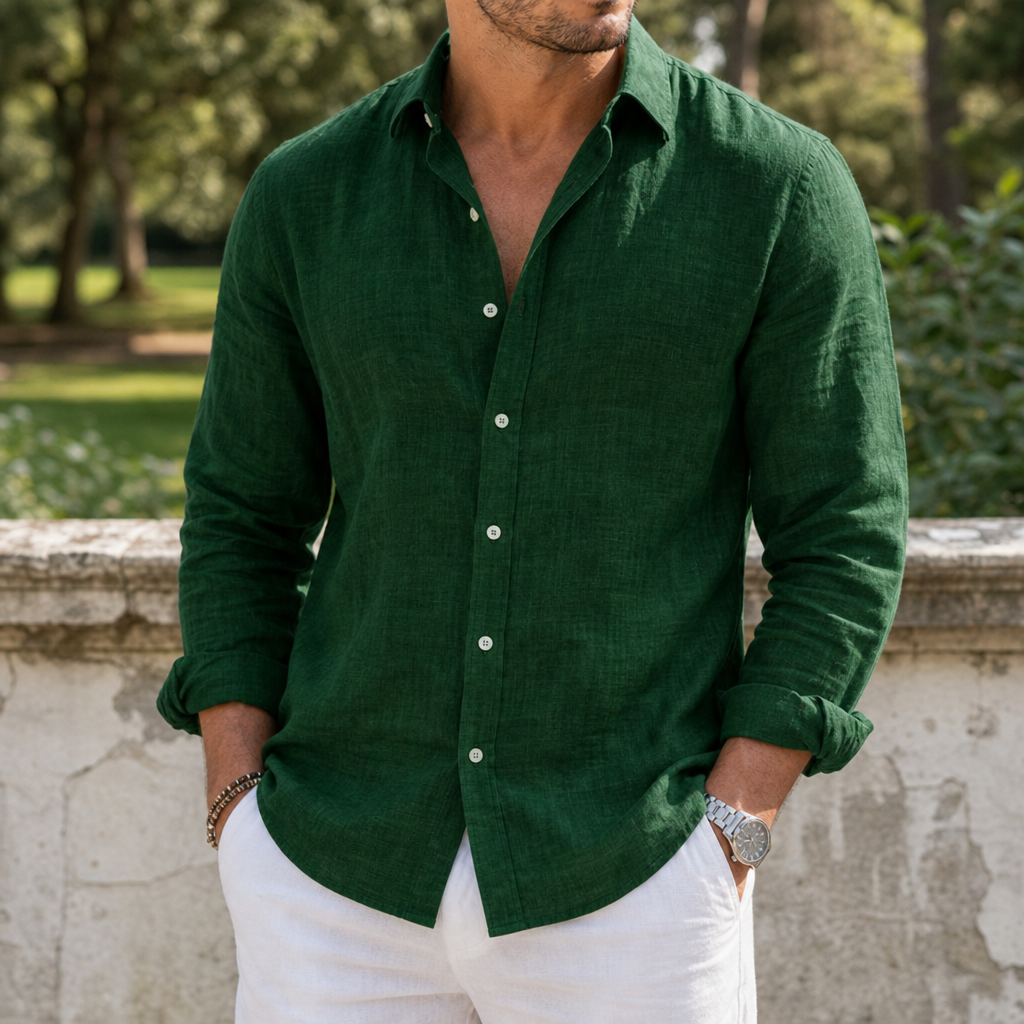 Santander Linen Button-Up Shirt in Dark Green