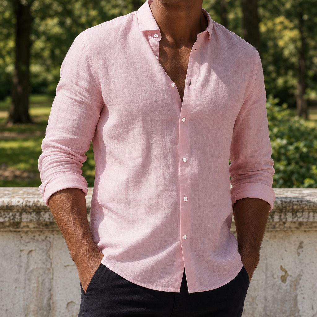 Santander Linen Button-Up Shirt in Pink