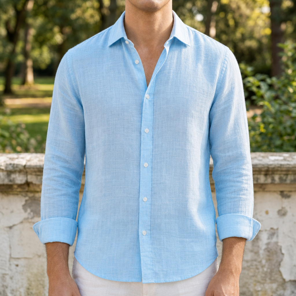 Santander Linen Button-Up Shirt in Light Blue