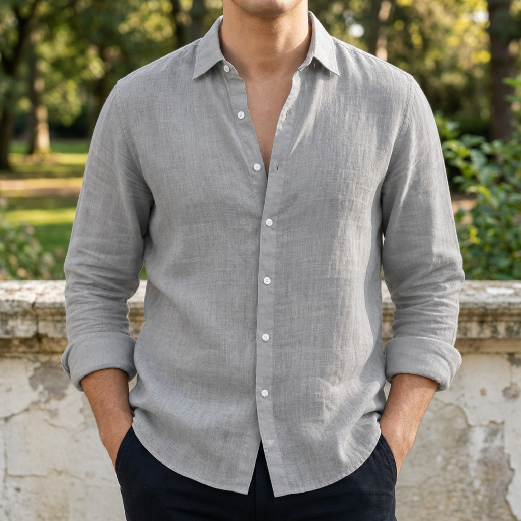 Santander Linen Button-Up Shirt in Gray