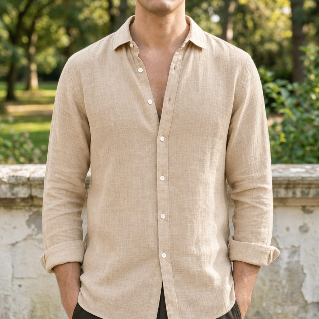 Santander Linen Button-Up Shirt in Apricot