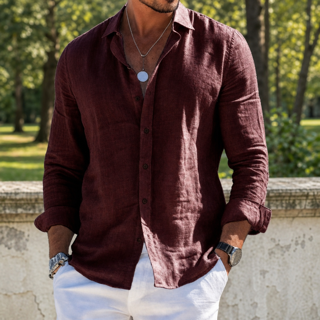 Santander Linen Button-Up Shirt in Dark Brown