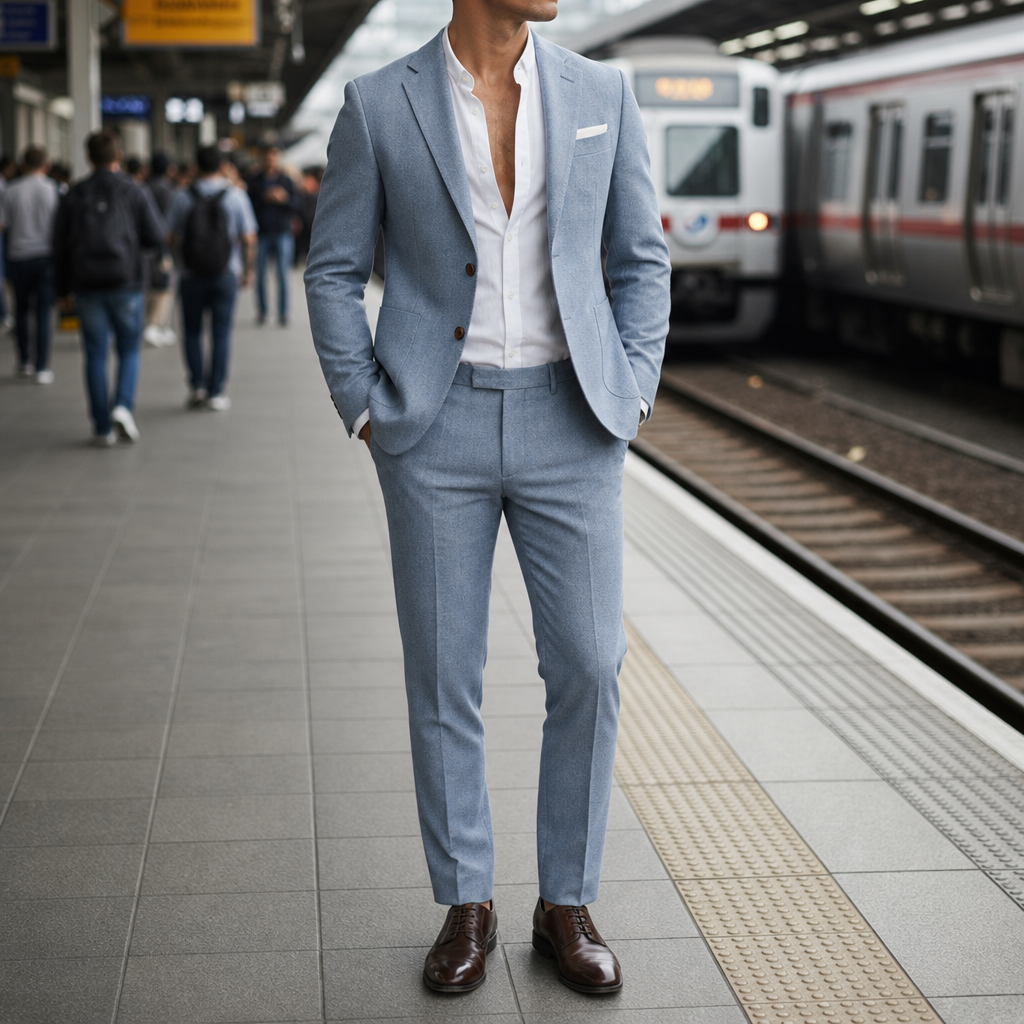Skyros Linen Suit Set in Light Blue