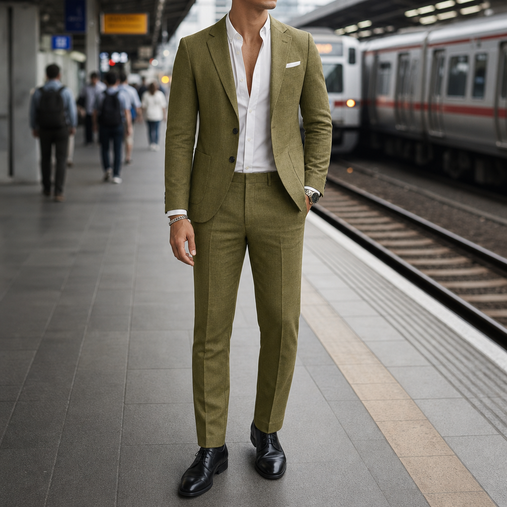 Skyros Linen Suit Set in Olive Green