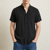 Tarragona Linen Mandarin Collar Shirt in Black