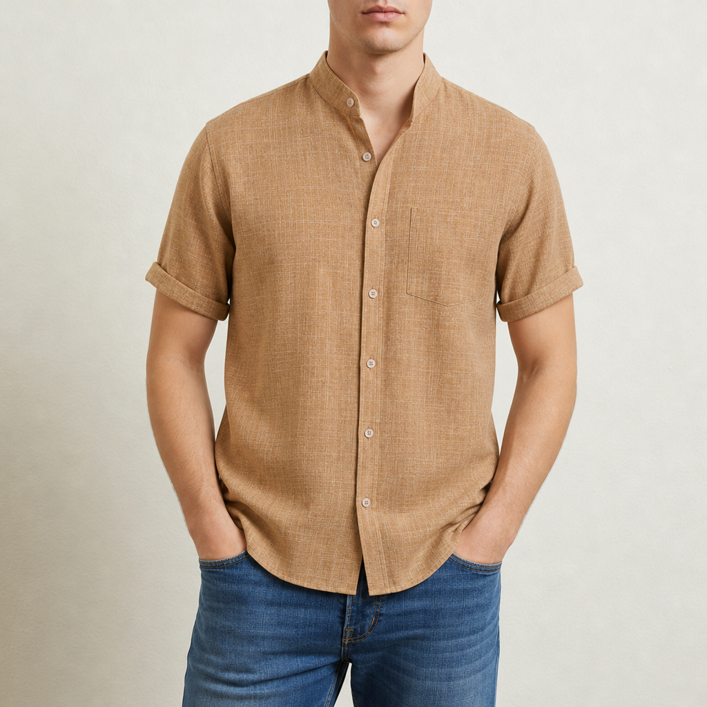 Tarragona Linen Mandarin Collar Shirt in Brown