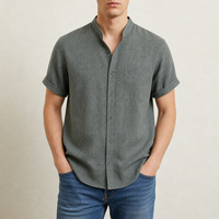 Tarragona Linen Mandarin Collar Shirt in Dark green