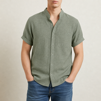 Tarragona Linen Mandarin Collar Shirt in Green