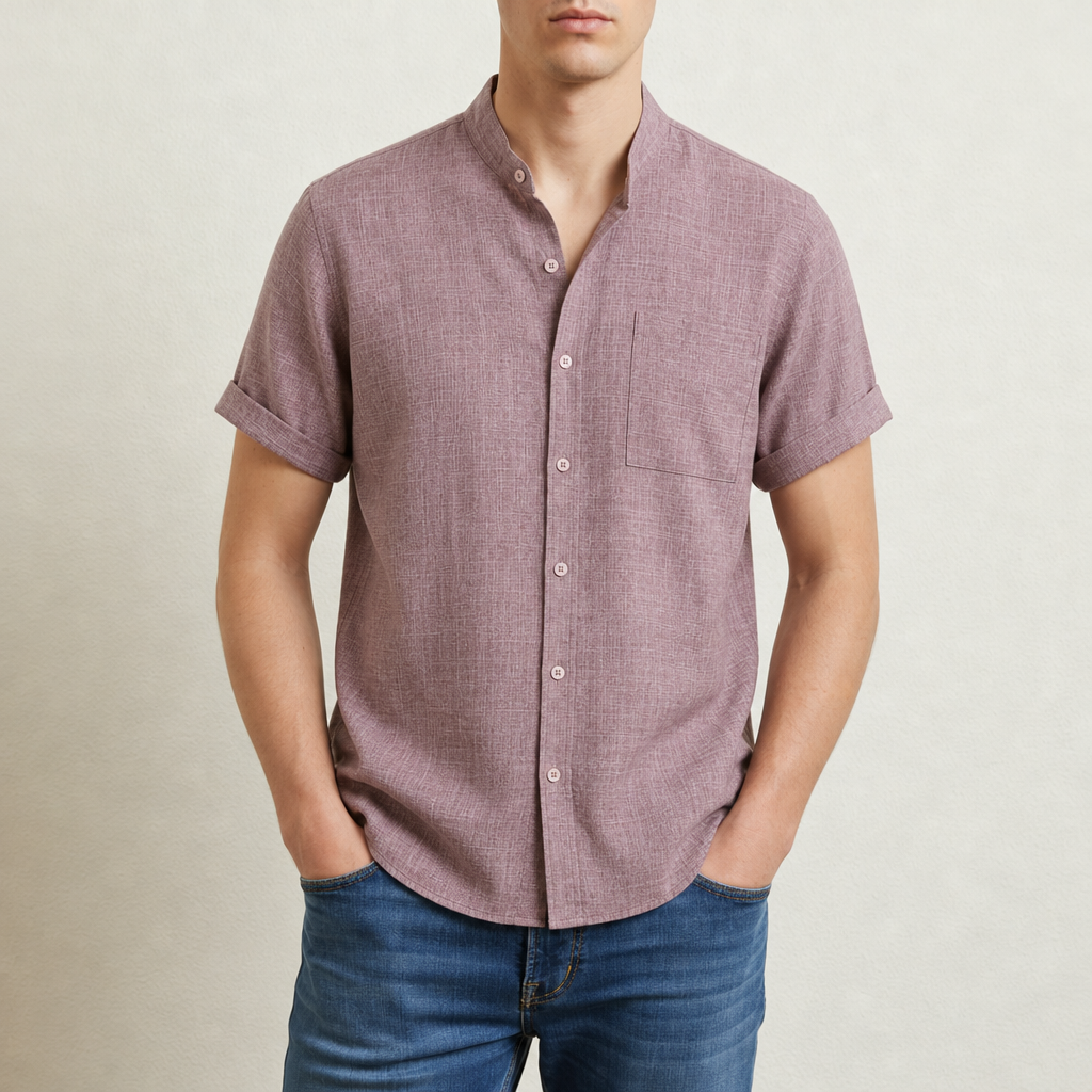 Tarragona Linen Mandarin Collar Shirt in Red