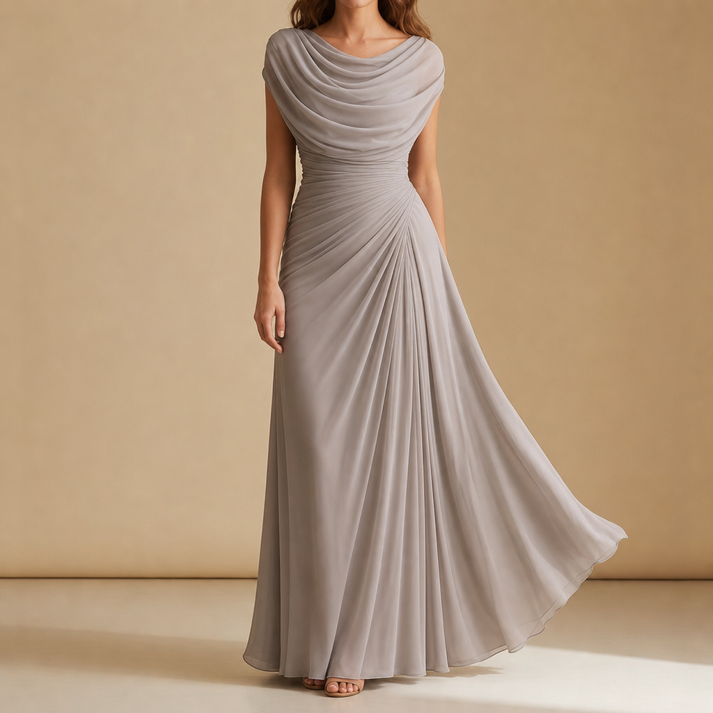 Trento Cowl Neck Ruched Maxi Dress in Taupe