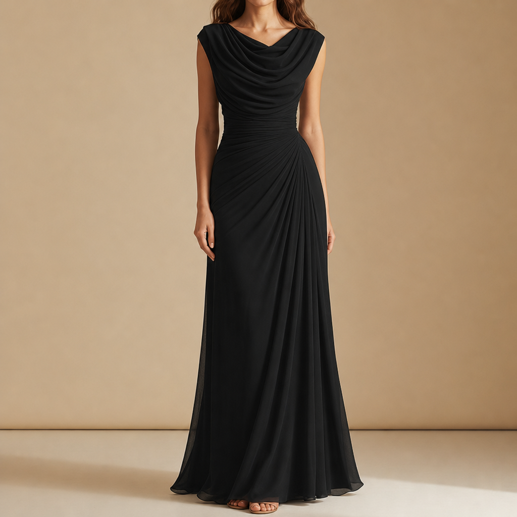 Trento Cowl Neck Ruched Maxi Dress in Black