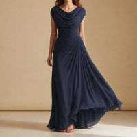 Trento Cowl Neck Ruched Maxi Dress in Navy Blue