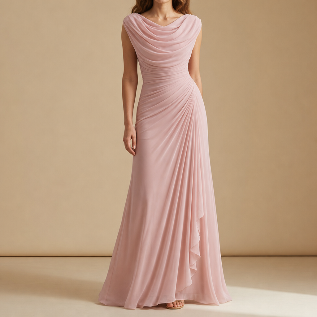 Trento Cowl Neck Ruched Maxi Dress in Pink