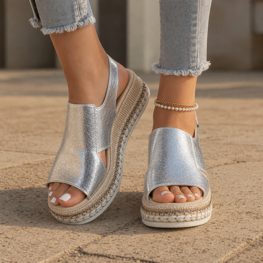 Trento Orthopedic Metallic Wedge Sandals in Silver