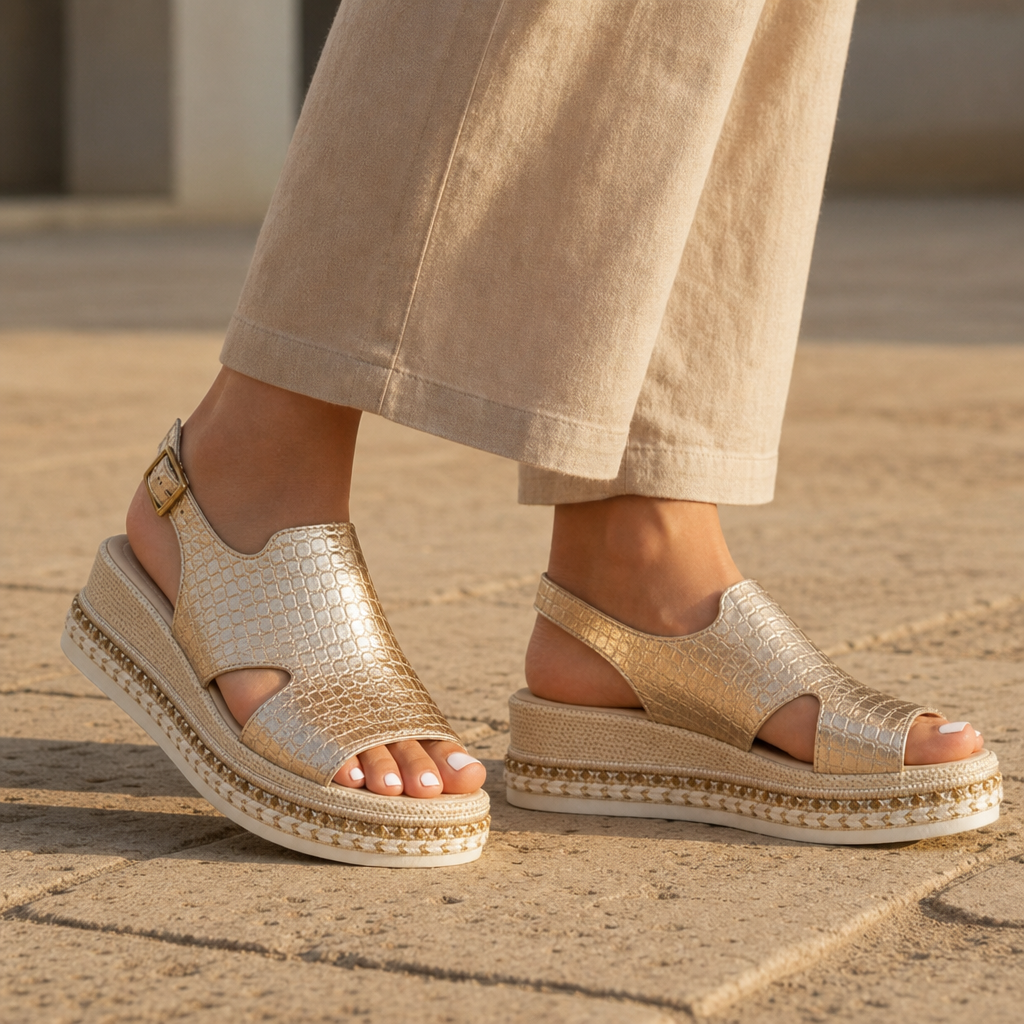 Trento Orthopedic Metallic Wedge Sandals in Gold