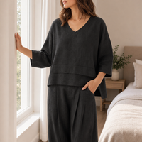 Tropea Layered Hem Linen Top in Charcoal Black