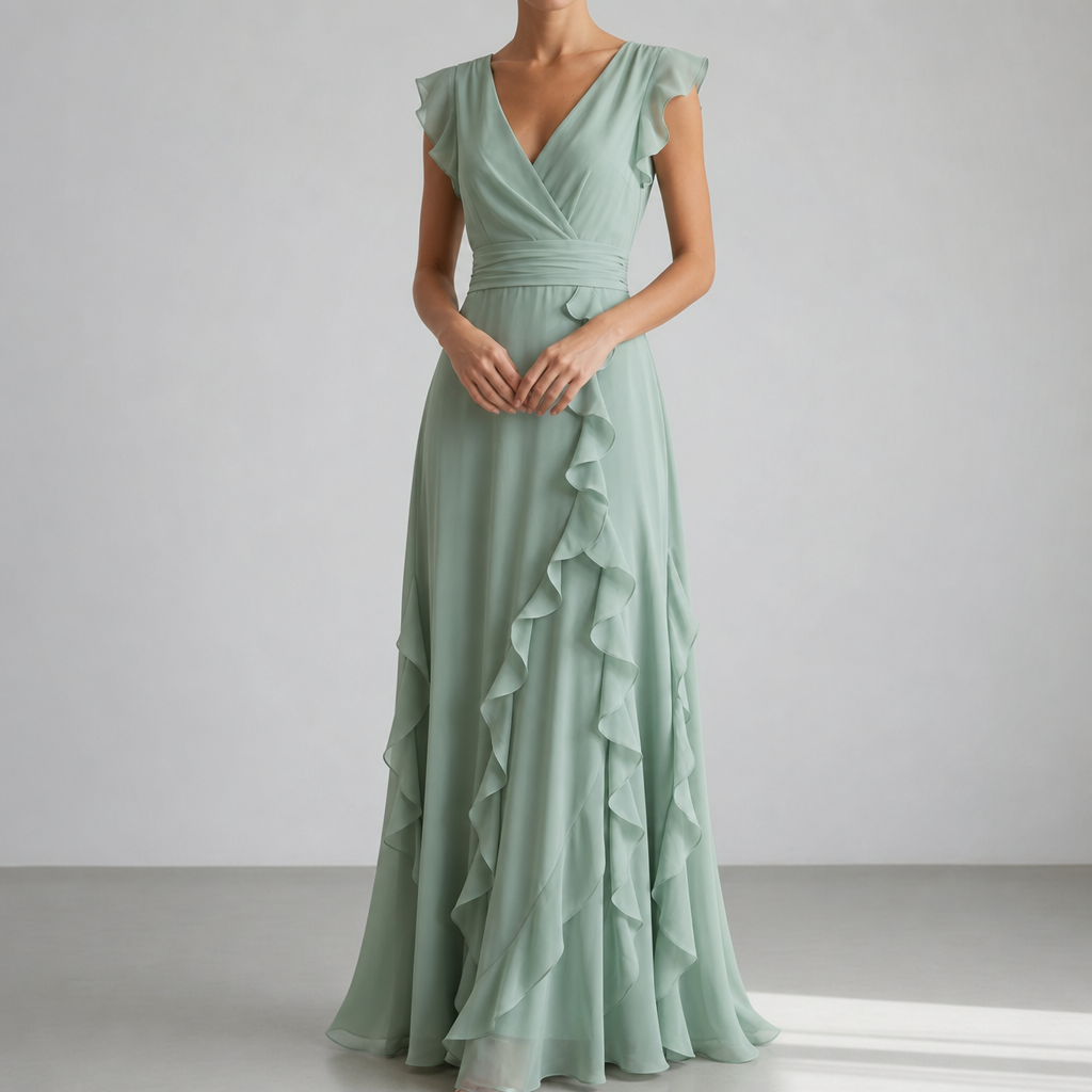 Ubeda Ruffle Chiffon Maxi Dress in Sage