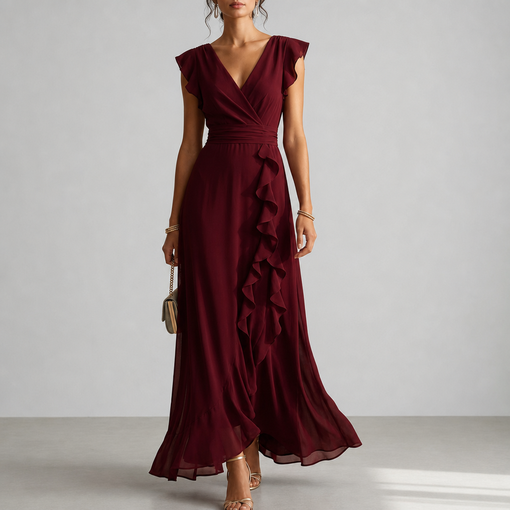 Ubeda Ruffle Chiffon Maxi Dress in Wine