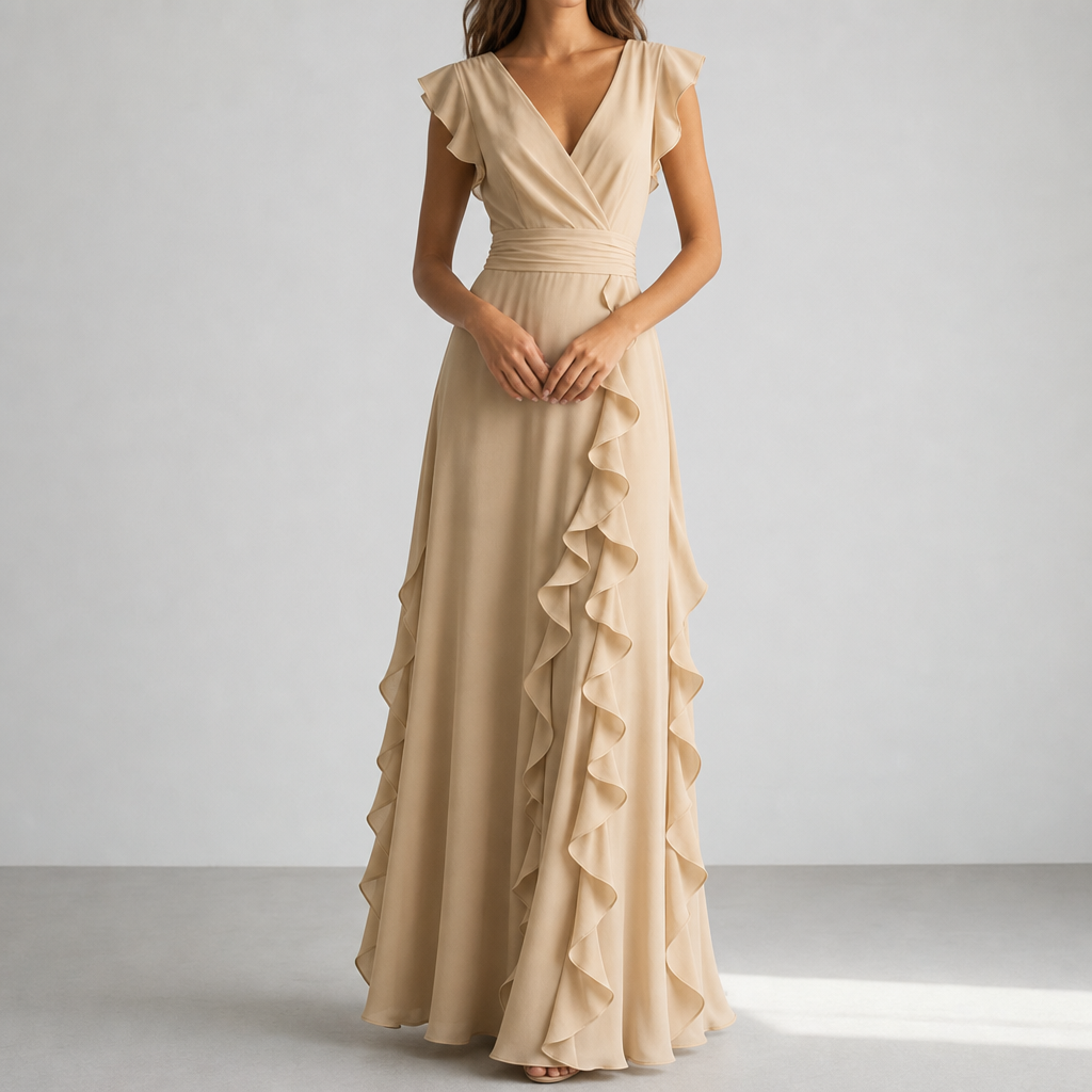 Ubeda Ruffle Chiffon Maxi Dress in Khaki
