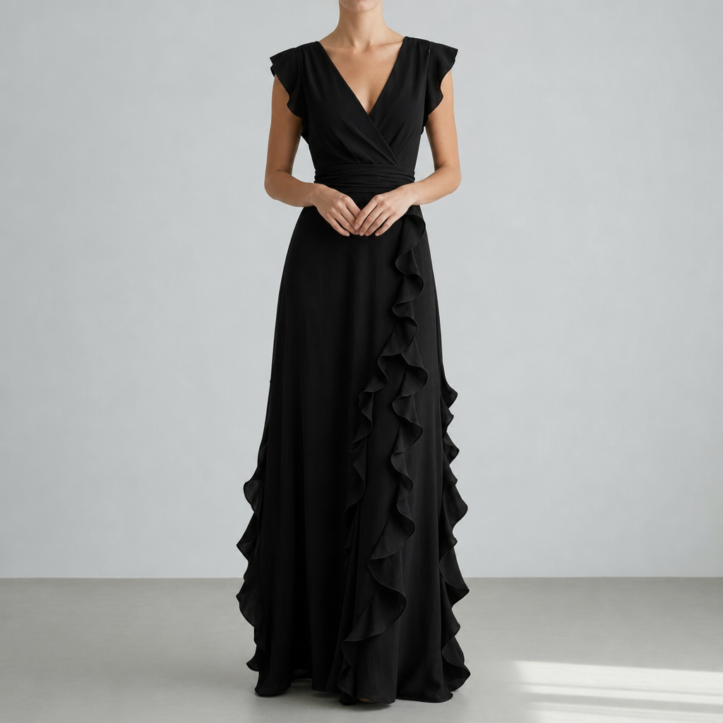 Ubeda Ruffle Chiffon Maxi Dress in Black