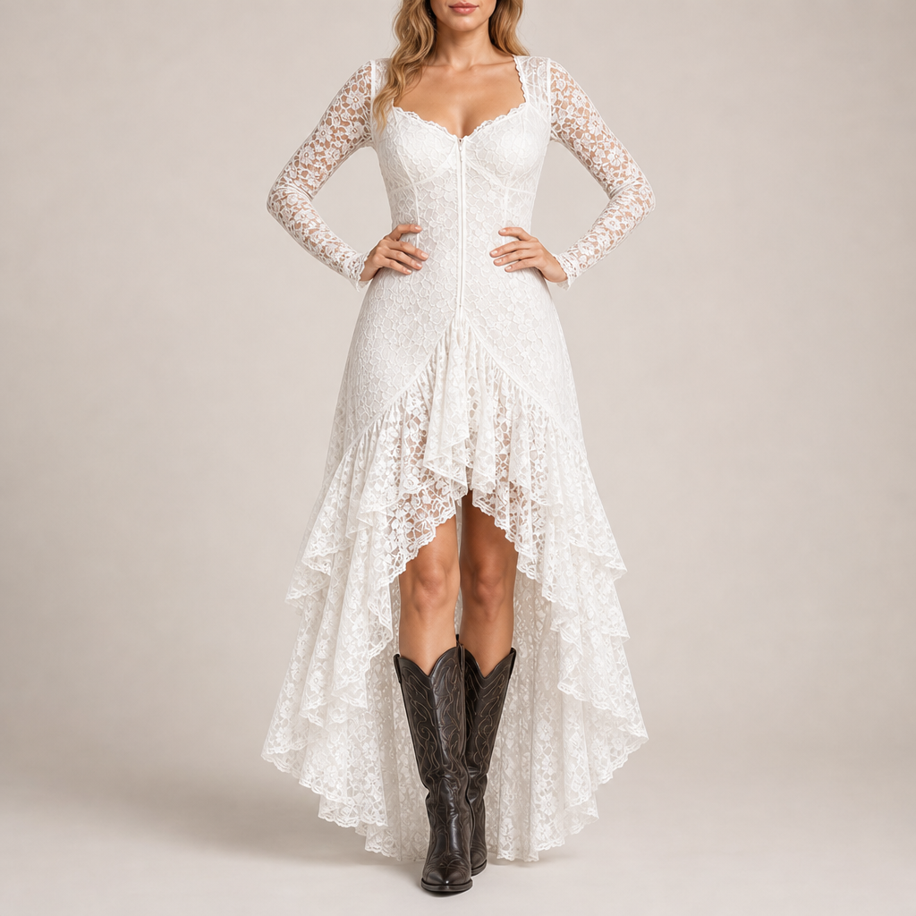 Urbino Lace High-Low Dress in White