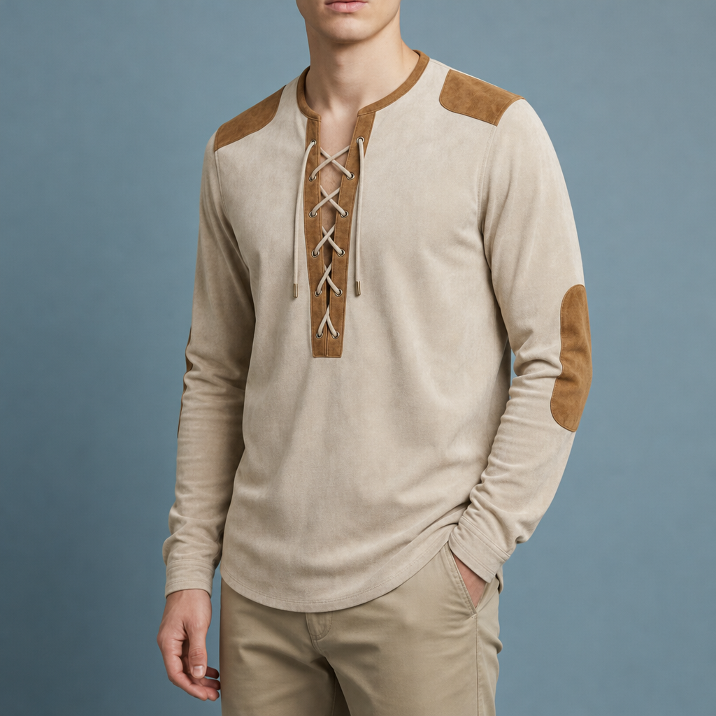 Uzes Lace-Up Henley Shirt in Cream Beige