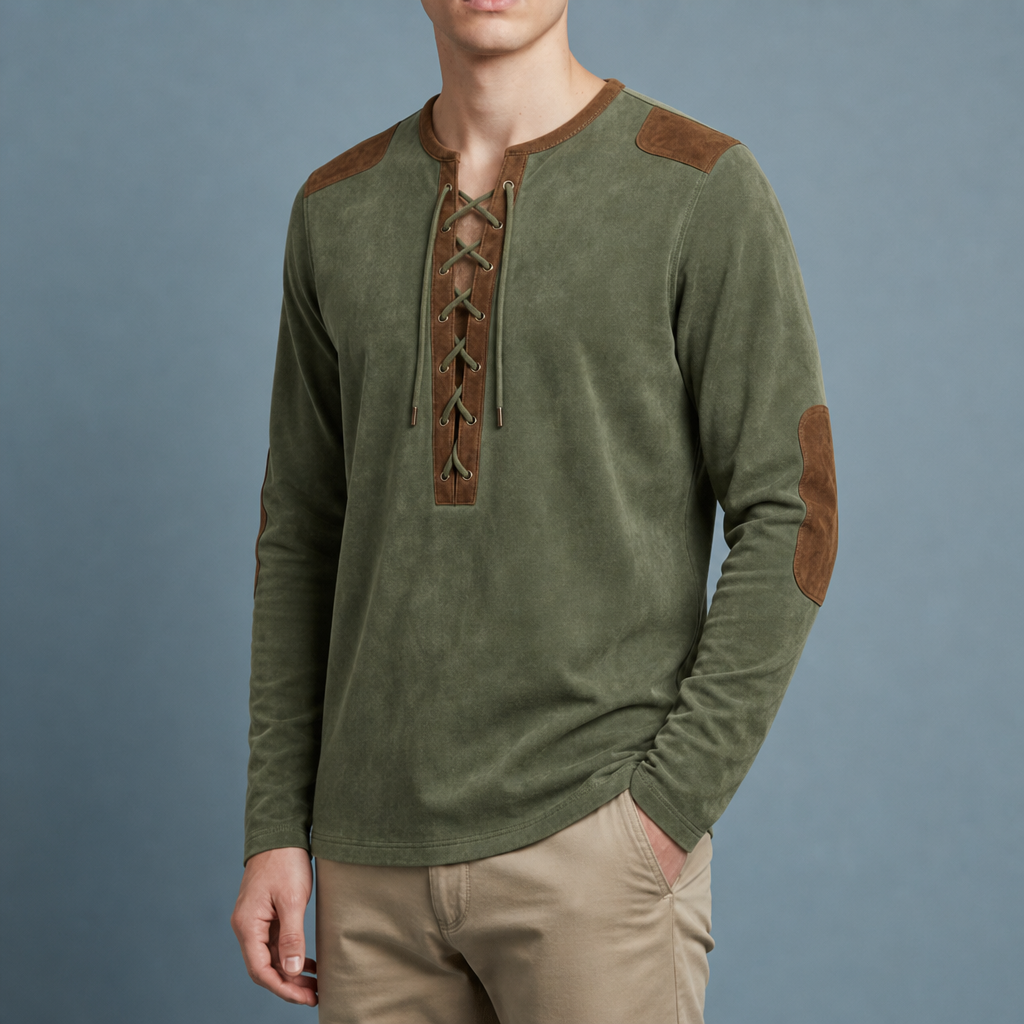 Uzes Lace-Up Henley Shirt in Pine Green