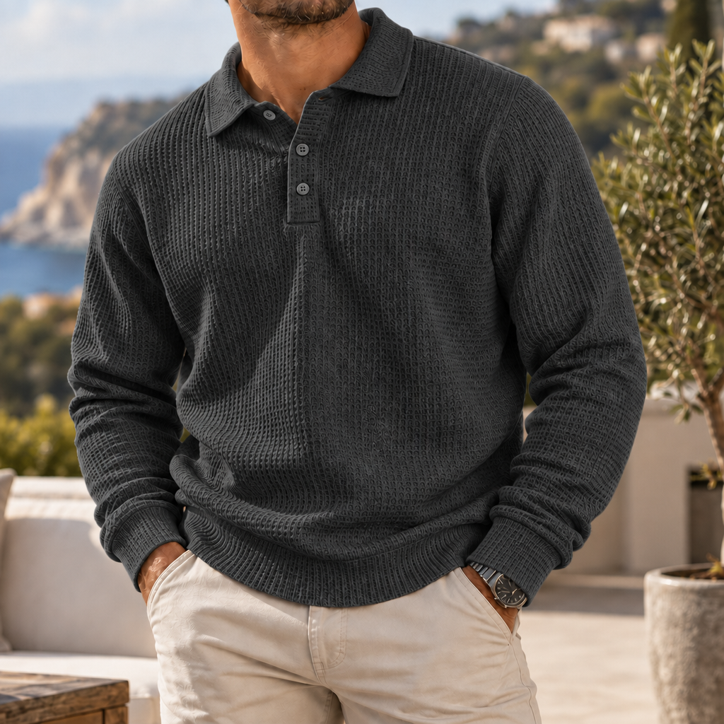 Viana Waffle Knit Polo Sweater in Dark Gray