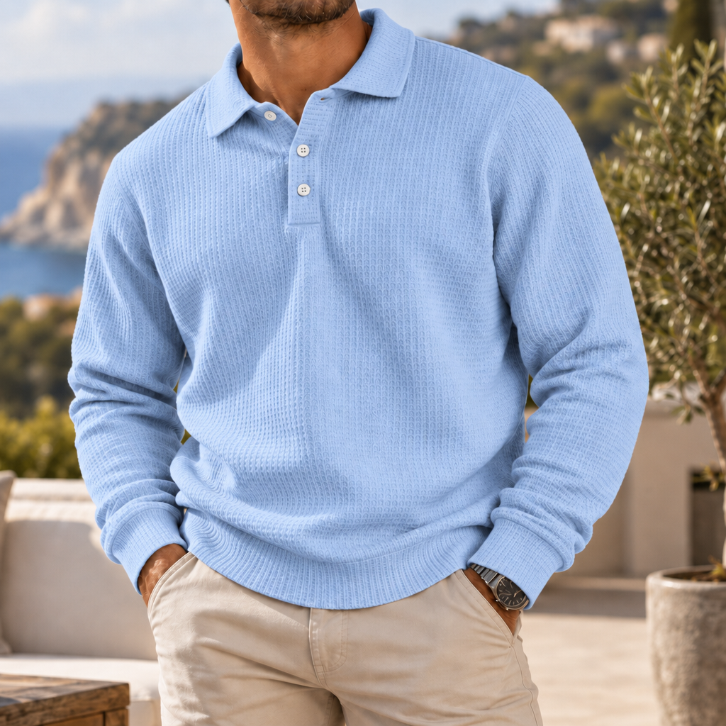 Viana Waffle Knit Polo Sweater in Light Blue