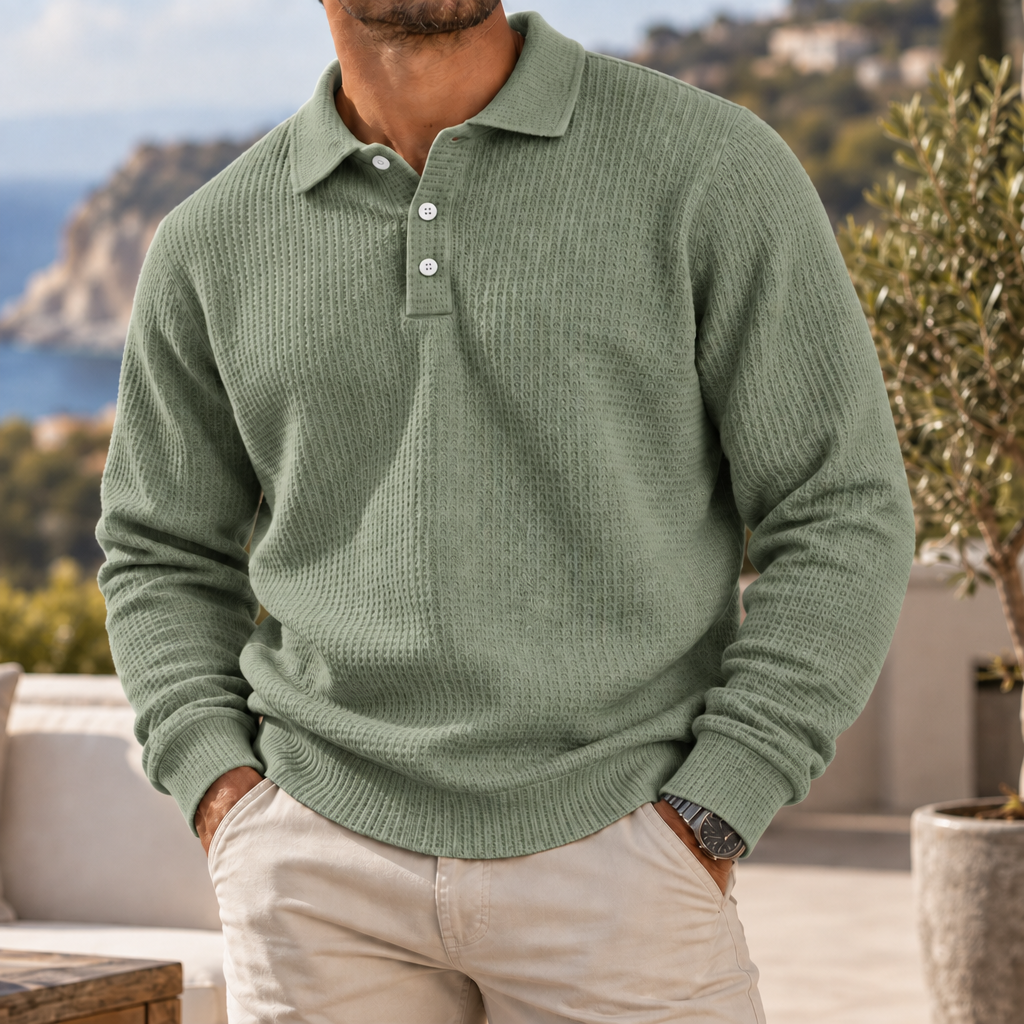 Viana Waffle Knit Polo Sweater in Sage Green